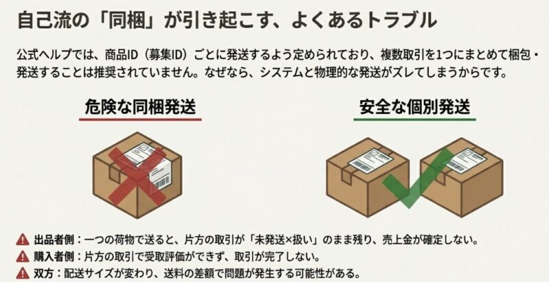 Yahoo!フリマで同梱発送をした場合と個別発送をした場合のリスク比較図