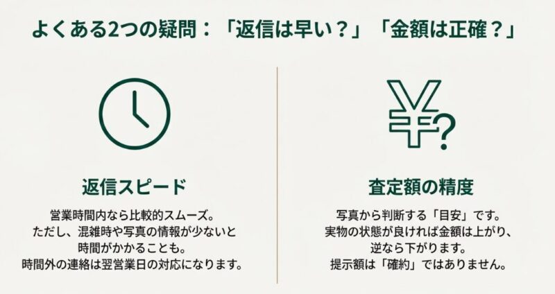 返信は営業時間内ならスムーズだが、混雑時は時間がかかること、提示額はあくまで写真判断の「目安」であり確約ではないことを説明。