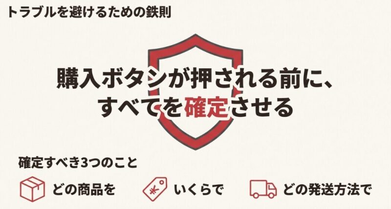 選択式出品（規約違反のリスクあり）と、合意後にページを作成する正しい手順を比較した図。