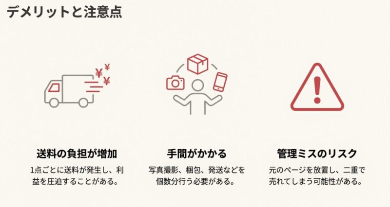 メリット（売れるチャンス増、高値売却の可能性）とデメリット（送料増、手間の増加、管理ミス）を一覧にした比較表。